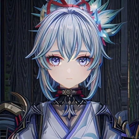 GenshinAvatar, (a girl with long light blue hair in a braided ponytail with a flower hairclip on it hair has split bangs, and blue eyes eyes,hydro character,hydro inazuma vison,wearing a blue kimono with a collar,outfit with blue charms and gems.:1.4), highly_detailed, illustration, portrait, (((masterpiece))),(((bestquality))), (black_background:1.4), simple_background, <lora:GenshinAvatarV2:1>