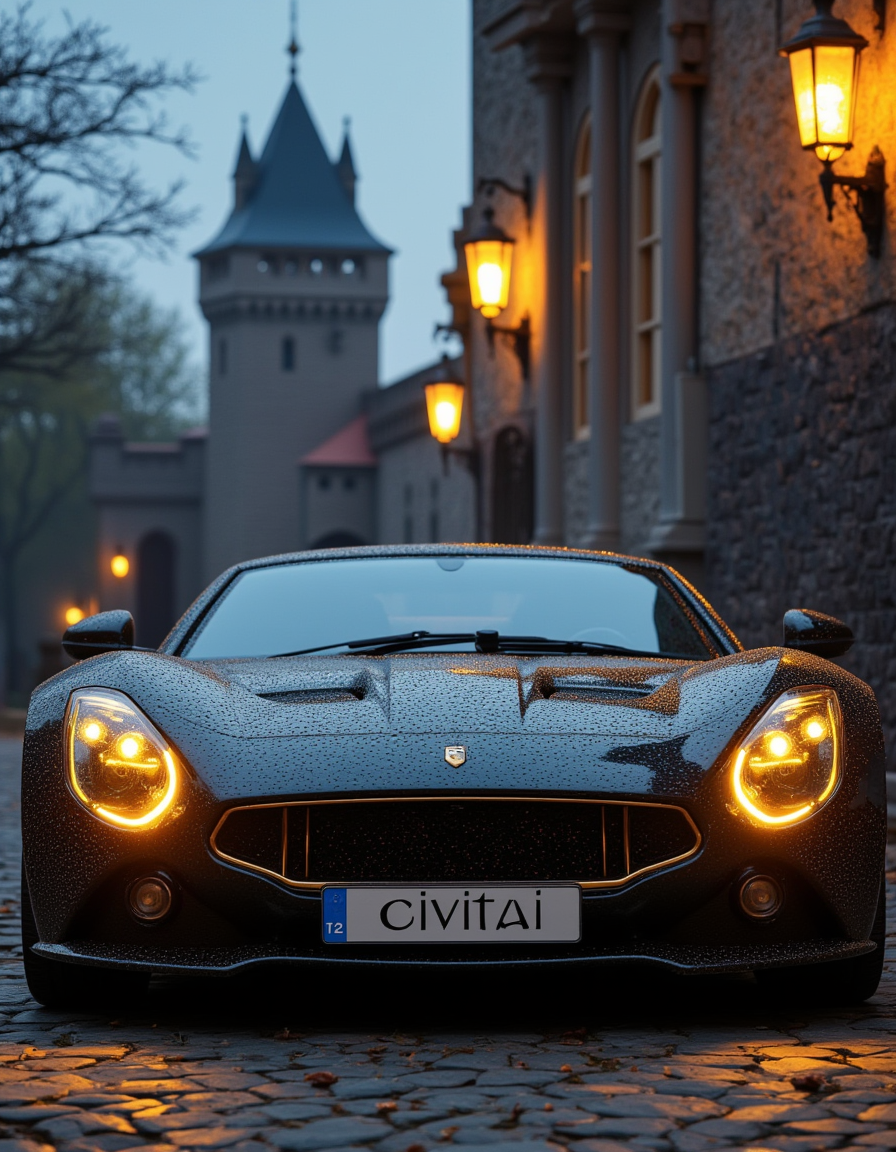 <lora:MW_Minis01flux:1> mwm01, cinematic, majestic, fantasy, T10, gold, blue, bokeh, photo of a gold, black, T2, beautiful classic car, in front of a castle in a dark medieval fantasy world, T9 fire sky, "civitai" marqued on car plate