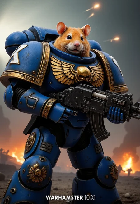 An Ultramarine torso clad in majestic, battle-scarred blue power armor, featuring the iconic gold Aquila and Ultramarines insignia, paired with massive pauldrons and intricate details. His head is that of a photorealistic (hamster:1.1) with detailed fur, whiskers and large beady black eyes. It contrasts absurdly with the seriousness of the armor. In his oversized armored gauntlets, he clutches a massive, futuristic rifle that's comically too serious for his cheerful demeanor.
The background shows a grim dark battelfield with explosion craters on an alien planet and falling meteors.
At the bottom of the image, there is a text that says "WARHAMSTER 40KG" in the usual warhammer 40k logo