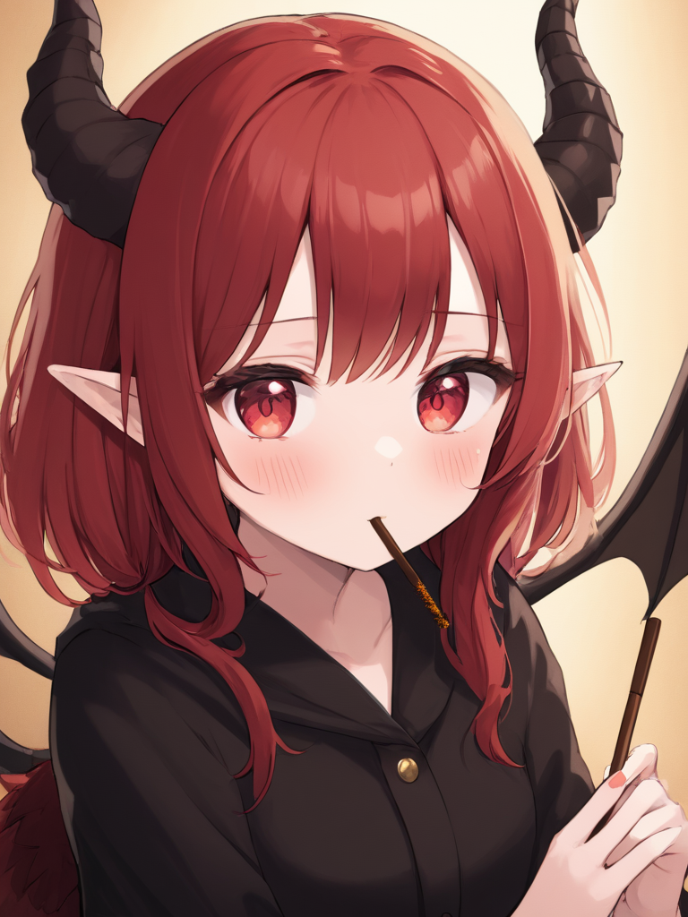 <lora:npc_xl_pocky:1>hold the Pocky,(masterpiece),(highest quality),highres,(an extremely delicate and beautiful),(extremely detailed),
solo, 1girl, red hair, red eyes, horns,blush,looking at viewer,
dragon wings