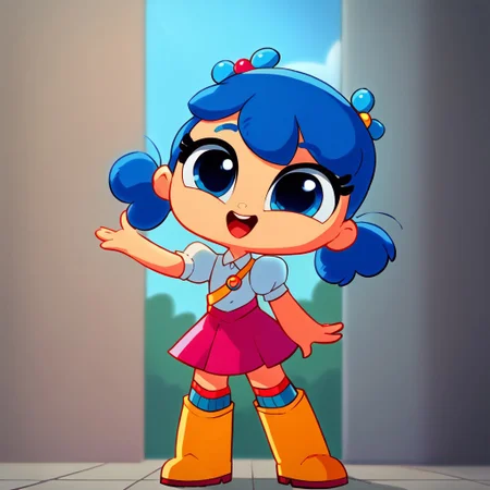 score_8, score_9, solo, true, blue hair, twintails, hair ornament, blue eyes, skirt, boots, open mouth, happy