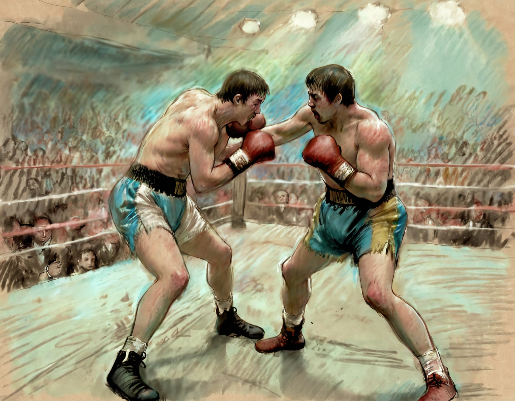 A color chalk sketch of a boxing match in progress. Two fighters are in the ring, with one fighter delivering a punch to the other's midsection. The fighter on the receiving end appears to be in a defensive stance and bending forward as the punch lands. The setting appears to be an indoor arena with a large audience in the background. The pastel colors provide a contrast with the stark violence of the scene.  <lora:Chalk_Sketch_SDXL_v1:1>