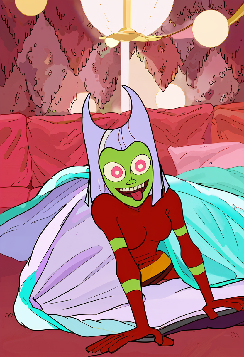 <lora:TwelveForever_ButtWitch_Pony:1.2>, butt witch \(regular\), under covers, tongue out, twelve forever, 1girl, solo, colored skin, red bodysuit, movie theater, masterpiece, best quality, score_9, score_8_up, score_7_up
