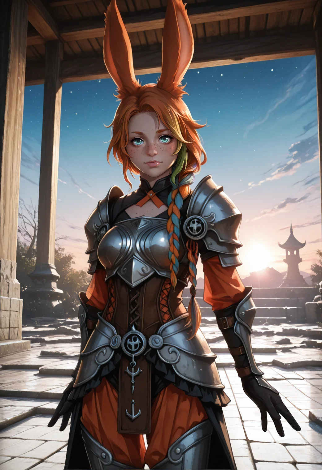 realistic, very awa, ambient occlusion, ray tracing, [sei shoujo], [rebecca_(keinelove)], [libbyframe], style parody, [bang_dream!], [arcane:_league_of_legends], [league_of_legends], saturated, colorful, (dynamic angle:1.3), (cowboy shot:1.2) BREAK 1girl, solo, <lora:Final_Fantasy_XIV_Races_Female_Viera_for_IllustriousXL:0.5> rabbit_girl, viera, <lora:anti_human_ears:0.7> rainbow hair, long braid hair , rabbit ears, aqua eyes, anchor tattoo , freckles, body freckles (beige skin:1.2), voluptuous body, , perfect hands, colored lips, (cheerful), BREAK ranger, wearing lace-trimmed (detailed dark orange_brown hide armor cuirass, romper), cross tie, gardbrace, mittens,, schynbald, BREAK medieval, fantasy, indoors, picturesque temple, stone floors, shrine,, standing, leaning back, , arms at side, summer, twilight, cool soft light, stars,, cinematic lighting BREAK <lora:reij-detaILer:0.8> <lora:light-000167:0.6> <lora:yazloba_darkfantasy_v.2:0.5> yazloba_dark_fantasy