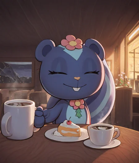 masterpiece, best quality, safe, furry female, solo, petunia, chibi, blue fur, skunk, flower, cafe, coffee, mug, cream, cherry, beautiful, light shafts, dawn, crack of dawn, dense atmosphere, busy, detailed background, interview, cinematic, detailed, shading (art by supplesee:1.2)