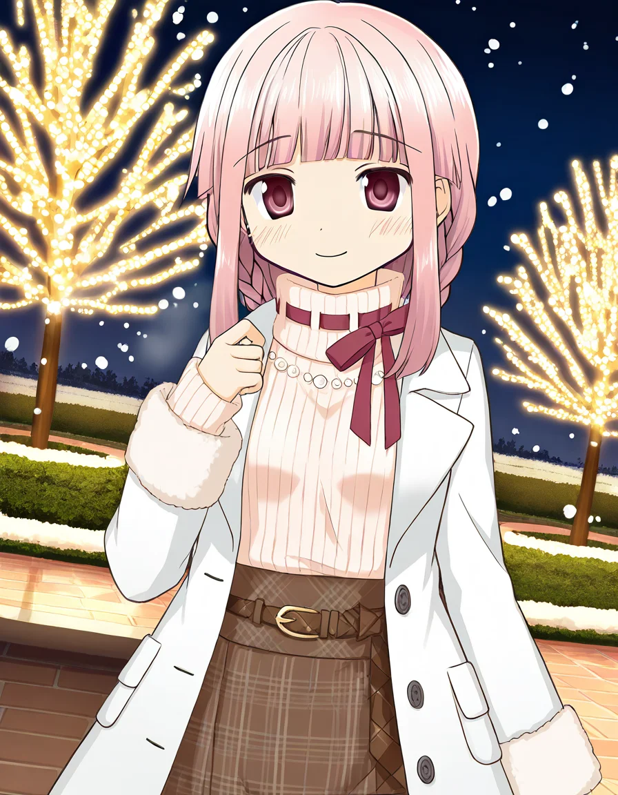 masterpiece, best quality, newest, absurdres, highres, safe, 1girl, tamaki iroha \(winter costume\), magia record: mahou shoujo madoka magica gaiden, solo, blush, snowing, park, dutch angle, <lora:tamaki_iroha_noobaiXLNAIXL_vPred10Version:0.7>