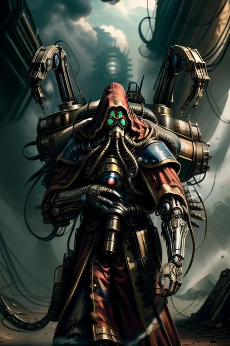 ((masterpiece,best quality)), absurdres, BREAK
mechanical arms, robes, hood, BREAK
((techpriest)), cyborg, mechanical face, mechanical limbs, gas mask, mechanical tentacles, (mechanical backpack), BREAK
1other, solo, holding pistol, firearm, handgun, pistol, gun, BREAK
factory background, smoggy sky, air pollution, smokestacks, BREAK
(TerrranAI)