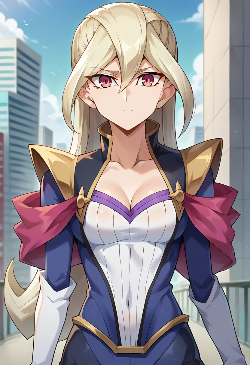 score_9, score_8_up, score_7_up, source_anime, masterpiece, 1girl, ct_gl0ria, blue coat, white shirt, popped collar, shorts, shoulder pads, elbow gloves, white legwear, outdoors, depth of field, city, looking at viewer, upper body, portrait, medium breasts, collarbone, shiny<lora:Gloria_Tyler_yugioh_ct_ver4:1>