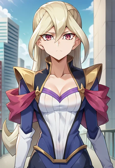 score_9, score_8_up, score_7_up, source_anime, masterpiece, 1girl, ct_gl0ria, blue coat, white shirt, popped collar, shorts, shoulder pads, elbow gloves, white legwear, outdoors, depth of field, city, looking at viewer, upper body, portrait, medium breasts, collarbone, shiny<lora:Gloria_Tyler_yugioh_ct_ver4:1>