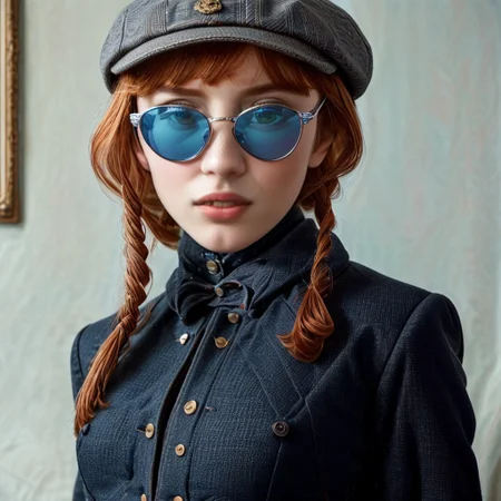 1girl, a small vampire, dressed in jodhpurs and a Norfolk jacket, reddish hair done up under an oversized tweed cap, eyes shielded by thick blue-tinted glasses, Fang