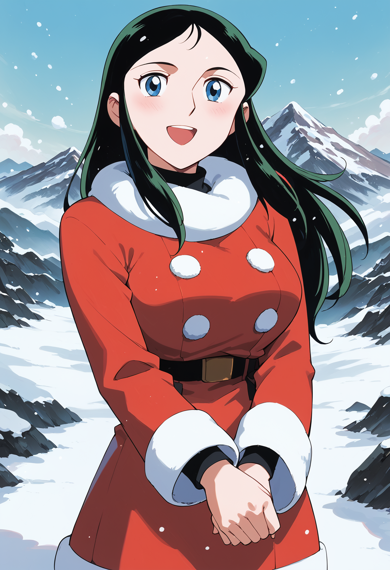ginreigr, 1girl, solo,  fur-trimmed dress,red dress , short dress,  turtleneck,blue eyes, dark green hair , ,large breasts, smile , snow, mountain, <lora:ginreigr_pony2:0.9>snowing, looking at viewer,perfect hands, open mouth,cowboy shot, own hands together, (steam:0.6),hands up,  long hair,  long sleeves, clenched hand,, , score_9, score_8_up, score_7_up, score_6_up, score_ANIME,