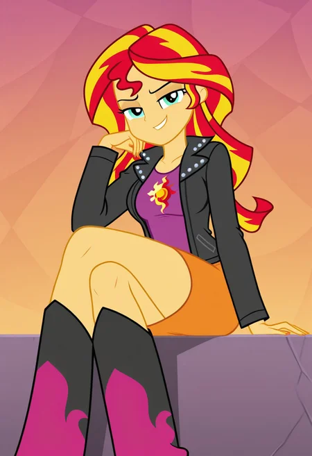 masterpiece, best quality, amazing quality, 1girl, solo, official style, parody, equestria girls, sunset shimmer, colored skin, yellow skin, long hair, yellow hair, red hair, multicolored hair, aqua eyes, eq outfit, black jacket, purple top, eq skirt, eq boots, sexy, large breasts, beautiful, detailed, high detailed, very beautiful, detailed face, detailed eyes, detailed hand, fingernails, long nails, abstract background, smile, smirk, looking at viewer, sitting, pose, face focus