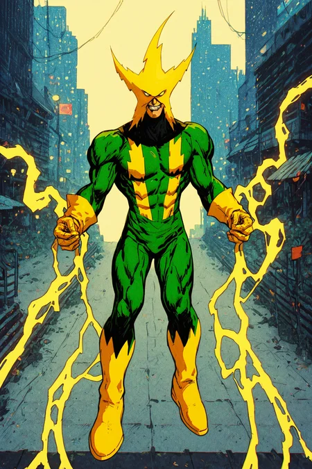 ( extreme long shot:1.4), score_9, score_8_up, score_7_up, 8k, very detailed, high detailed texture, depth of field, golden hour, cinematic illumination, volumetric lighting, ( flying high above city streets:1.4) <lora:AIPansen Electro Sinister Six Marvel:0.8> aipansen_electro, yellow electricity, muscular, green bodysuit, yellow gloves, yellow boots, grin, abs <lora:Kenva:0.8> knva, halftone effect, retro artstyle