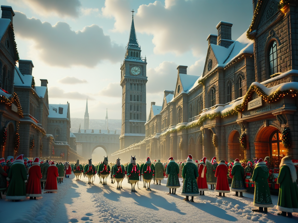 Animal Christmas,  our white horses in Christmas jumpers walk on in the foreground of the image  while a flock of geese are flying around a lone tower that reaches to the upper atmosphere, the tower is a mixture of gothic and modern brutalist architecture, exuding a sense of power and dread.
 <lora:Animal_Christmas:1>