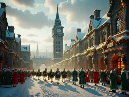 Animal Christmas, our white horses in Christmas jumpers walk on in the foreground of the image while a flock of geese are flying around a lone tower that reaches to the upper atmosphere, the tower is a mixture of gothic and modern brutalist architecture, exuding a sense of power and dread.
<lora:Animal_Christmas:1>