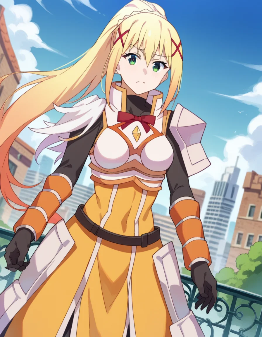 score_9, score_8_up, score_7_up, source_anime,
lalatinadustinessford, <lora:lalatina-dustiness-ford-s2-ponyxl-lora-nochekaiser:1>,
darkness \(konosuba\), long hair, green eyes, blonde hair, hair ornament, ponytail, braid, x hair ornament,
gloves, armor, bodysuit, shoulder armor, armored dress,
outdoors, cityscape,
looking at viewer, dutch angle, cowboy shot,