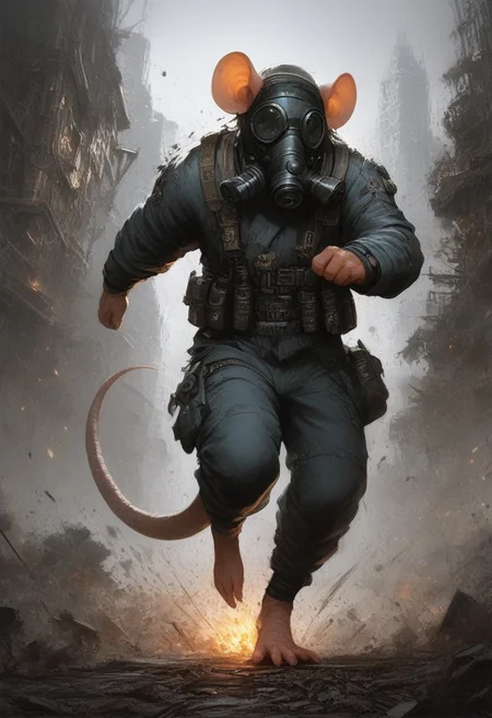BREAK score_9, score_8_up, score_7_up, concrete building, explosion in background, solo, rat man, (gas mask: 1.5), grey swat gear, dynamic pose, fully body shot, running from explosion , full body shot, front view, holding detonator, squad physique, (one tail: 1.5), (masterpiece, best quality, ultra detailed, intricate details:1.2), (detailed face:1.1), (rat folk:1.5)