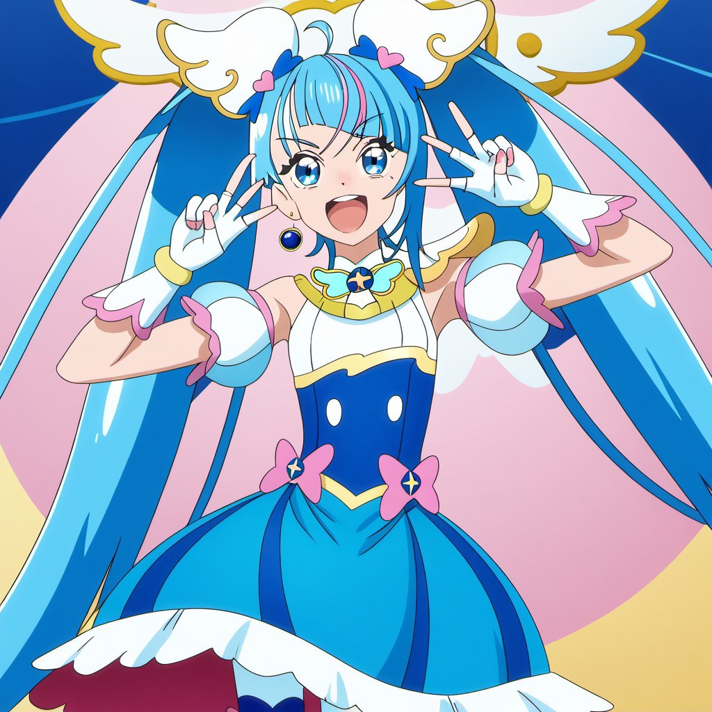 detailed background, shiny skin, posing, rating safe, 
<lora:curesky.pony:1.0>,
curesky, 
small breasts, hands on own hips, dancing, open mouth, smile, laughing, v-shaped eyebrows, blue eyes, portrait