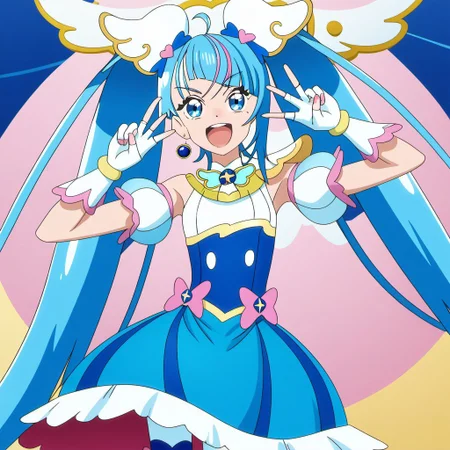 detailed background, shiny skin, posing, rating safe,
<lora:curesky.pony:1.0>,
curesky,
small breasts, hands on own hips, dancing, open mouth, smile, laughing, v-shaped eyebrows, blue eyes, portrait