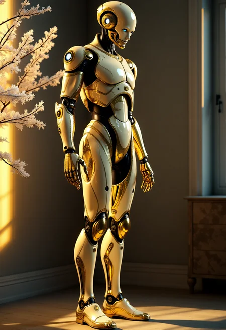 A captivating photograph showing a cyborg figure standing in a sparsely decorated room. The intricate, elegantly designed cybernetic enhancements that cover his form are the definition of maximalist, glittering gold and ivory. The lighting is downright dramatic, casting menacing shadows that emphasize every feature of the cyborg.The picture is characterized by exquisite symmetry and flawless design with great attention to detail. The background is adorned with frost-covered branches illuminated by a golden ray of light. the branches symbolize the beginning of autumn and enhance the cold and emotionally distant atmosphere of the scene. The use of diffused light adds drama and depth to the image, creating a stark contrast between the harsh light and the dark shadows. This photograph embodies the spirit of modernist photography with its minimalist aesthetic and focus on form and composition. The side perspective provides a unique angle that allows the viewer to appreciate the full extent of the cyborg's construction. , ,