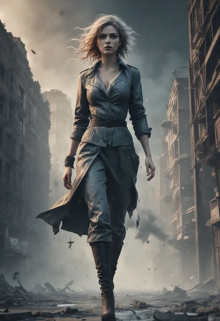 A character with an hourglass body wearing shorts clothes with a dramatic view angle, more intense lens flares, more dramatic lighting, deeper and more contrasted shadows, a colder color grading, crying,hot,sexy,chest,a desolate wasteland background and her expression is of fierce determination,thunder lights. 4k resolution, ultra HDR, and ghostly beauty. The image should reflect intricate details, raw photo quality, a windy atmosphere, dust particles in the air, include a broken clock or shattered glass, her hair flowing wildly in the wind, some cracked earth beneath her feet, a tattered, torn flag somewhere in the scene, and a distant storm approaching