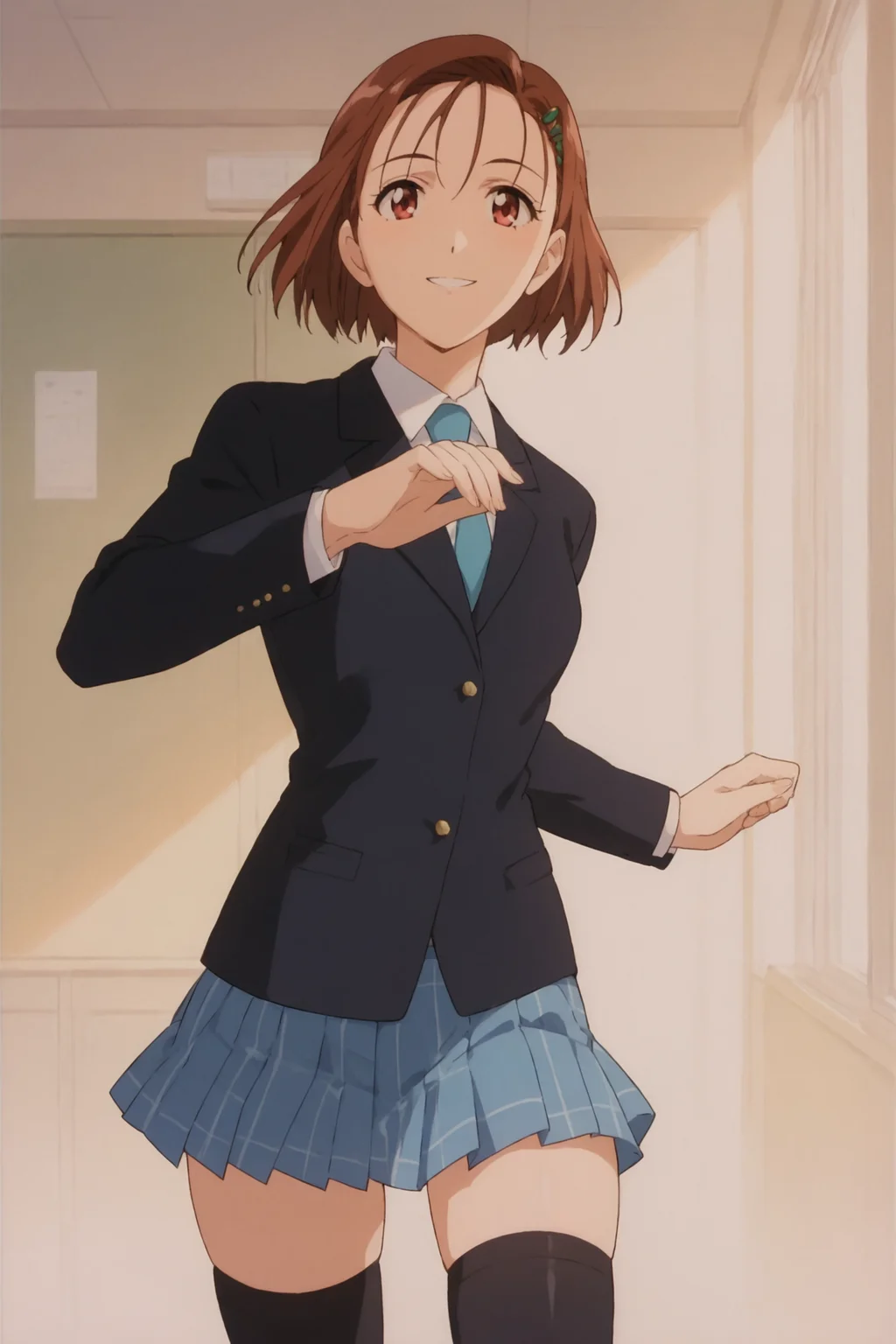 score_9, score_8_up, score_7_up, score_6_up, score_5_up, source_anime, rating_safe, medium breasts, indoors, study room, 1girl, solo, looking at viewer, <lora:age_slider_v4:3>, yukino miyazawa, pleated skirt, hair ornament, blazer, jacket, blue necktie, shirt, short hair, brown hair, school uniform, skirt, black thighhighs, loafers, <lora:Yukino_Miyazawa:0.8>, dynamic pose