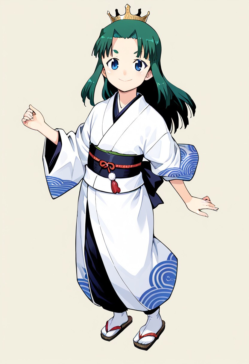 <lora:Tsugumomo-PonyXL-1024px-v1.0:0.8>
1girl, solo, flat chets, short petite, small body, blue eyes, crown, full body, green hair, headband, japanese clothes, kimono, long hair, looking at viewer, sash, skirt, smile, standing, tabi, transparent background, (upper body).