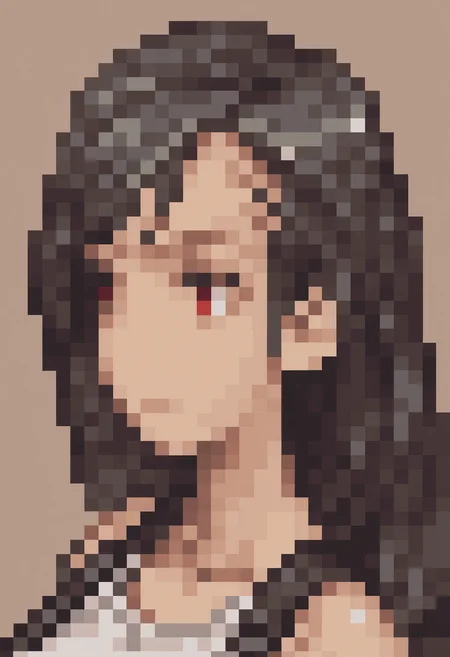 masterpiece, best quality, solo, 1girl, looking at viewer,  <lora:FFT-Portraits-illus_Fp:1>, pixel art, portrait, simple background, tifa lockhart, black hair, red eyes, white sports bra, black suspenders