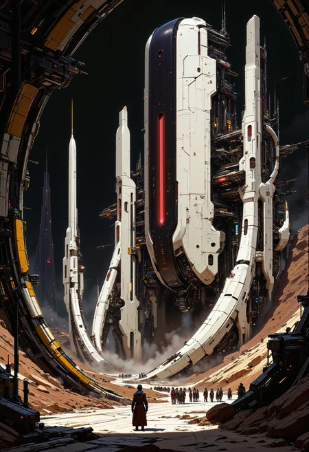 anime art, A digital artwork in the style of cknc, the image is featuring a sci-fi cityscape of colossal buildings and towers in an arid dusty landscape, white ceramic surfaces glistening with condensation from the mist, red glowing diodes and lights, large depth of field, sunset, directional lighting, with scientists in spacesuits surrounding it, black, red and white abstract colour palette
