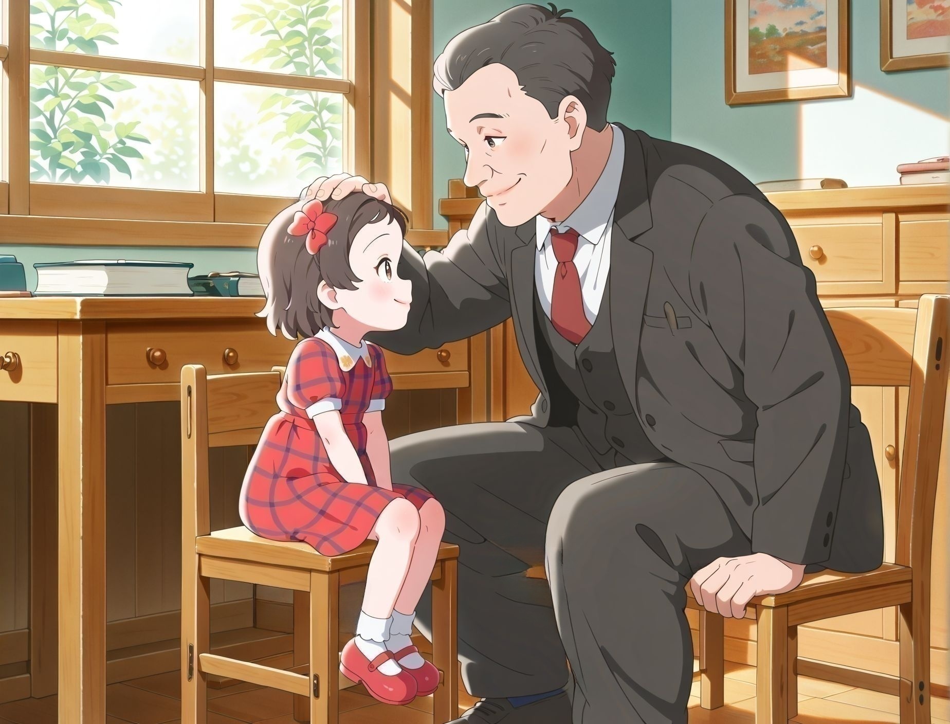 masterpiece,best quality,amazing quality,very aesthetic,absurdres,newest, huge filesize,
<lora:spo_sdxl_10ep_4k-data_lora_webui:0.5>,
<lora:add-detail-xl:1>
1girl,  1man, looking at another, sitting, facing another, size difference, 
indoors, headpat,smile, 
<lora:Totto_chan_V1:0.8>,madogiwa,
short hair,  
female child,  brown hair,  red dress,
brown eyes, plaid,  
mary janes,  shoes,  
socks,  hair bow, 
 m_totto,
(male child:-1)
BREAK
male focus, necktie, 
formal, 
chair, suit, 
sitting, indoors, desk, 
window, red necktie, 
black hair, m_kobayashi,