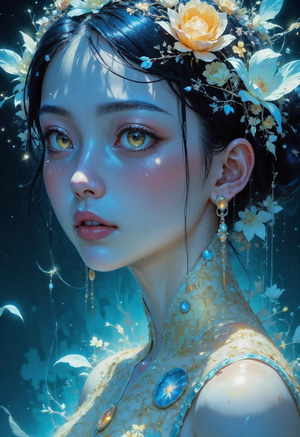 (in Otomo Katsuhiro style:1.2), masterpiece, high-quality, A close-up of a womans face framed by delicate glowing flowers entwined in her hair, Her skin is dappled with petal-like patterns, each breath she takes causes the flowers to pulse with a gentle light, Her gaze is calm yet powerful, Photorealistic, soft glowing flora, dreamlike ambiance, (elaborate fine details:1.1), (elaborately detailed attire with extraordinary elements and headdress:1.1), (hyperdetailed:1.1), (intricate details:1.0), (Refined details:1.1), (best quality:1.1), (high resolution:1.2)