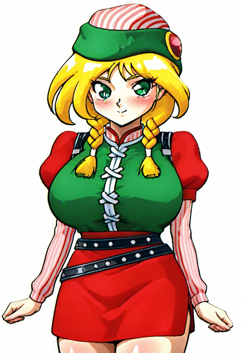 (blonde hair, long hair, twin braids), green eyes, big breasts,
striped beanie, green tunic, puffy short sleeves, long layered sleeves, red skirt, belt,
smile, looking at the viewer, blush,
simple white background,
masterpiece, best quality, absurdres, newest,absolutely eye-catching,newest, absurdly detailed, anime coloring, game cg, (incase:0.8), <lora:Mochowa_Last_Bible_3:1>, OMochowa, 1girl, solo, cowboy shot,