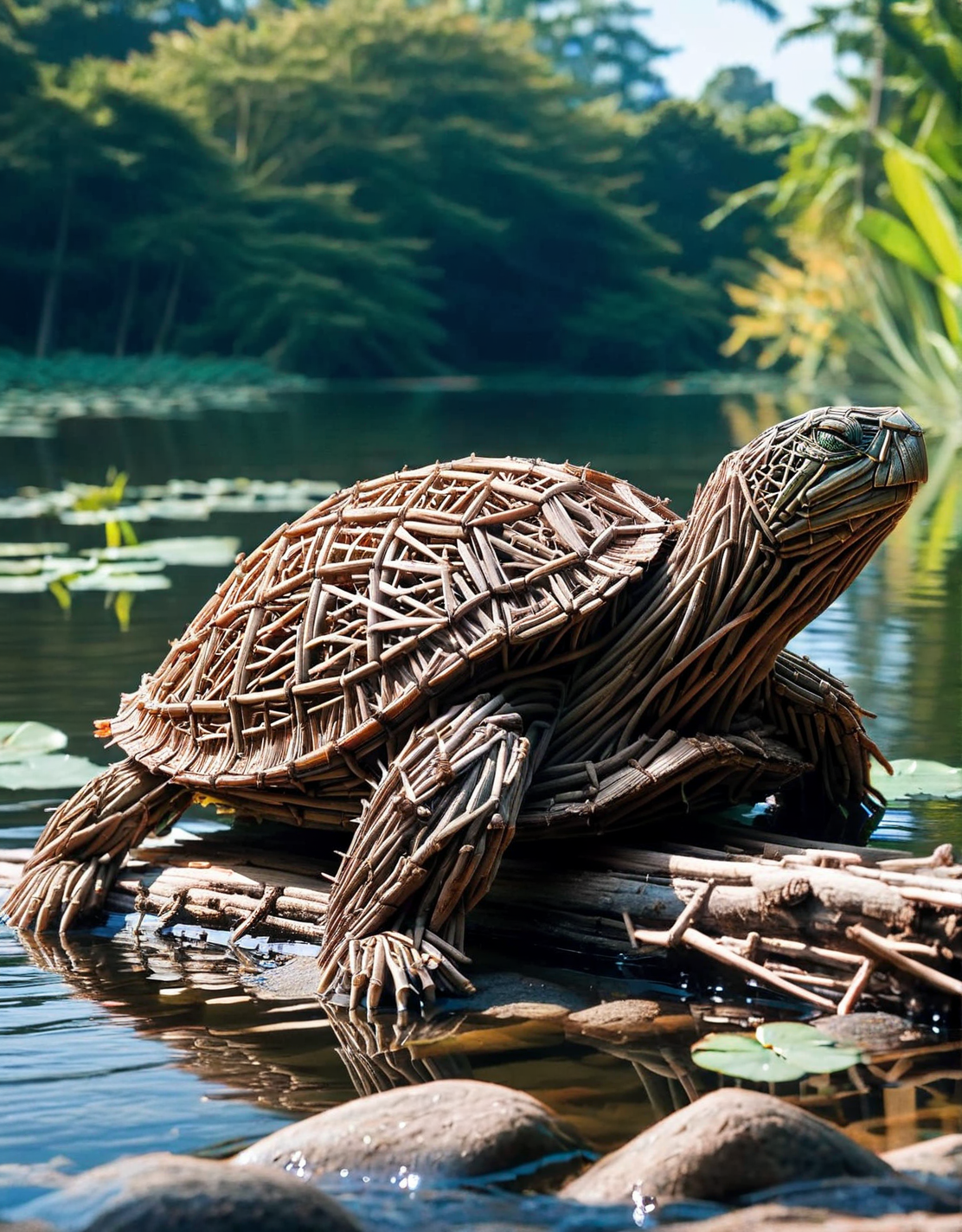 ais-stcks turtle sunbathing on a log in a pond <lora:ais-stcks-sdxl:1>
