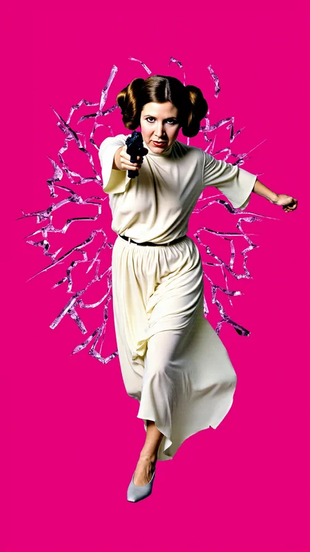 <lora:Carrie_Fisher_Flux:1.2> <lora:Hand v2:1> A dynamic, high-energy scene captures Carrie Fisher as Princess Leia Organa holding a blaster from starwars pointed at viewer in a fierce pose, mid-action as she bursts through a shattered glass surface, shards flying in all directions. The background is a solid, vivid HotPink, creating a stark, intense contrast with the sharp, reflective fragments of glass. She's a young woman with fair skin and brown hair styled in two large, round buns, perfect hands, dressed in her iconic white, floor-length gown, which features a high neck and long, flowing sleeves. Her body is marked with small cuts from the glass, droplets of blood glistening under the light. Her expression is one of pure fury, his eyes locked onto the viewer as if they are the target of her rage. Her pose is explosive, one leg extended forward as if sheâs leaping through the air, his arms raised defensively or ready to strike. The glass shards around him are frozen in mid-air, their jagged edges catching the light and creating a chaotic, almost surreal effect. The HotPink background amplifies the intensity of the moment, evoking a sense of danger and raw emotion. The atmosphere is charged with adrenaline, the aftermath of his violent breakthrough palpable in every detail. The image feels as if itâs happening directly in front of the viewer, Carrie Fisher as Princess Leia Organaâs momentum and the flying glass creating a sense of immediacy and immersion. Itâs a moment of chaos and power, a snapshot of rage and determination frozen in time. The combination of the HotPink backdrop, the sharp glass, and Carrie Fisher as Princess Leia Organaâs fierce expression makes for a visually striking and emotionally charged composition. She goes forward, driven by duty and the promise of glory.