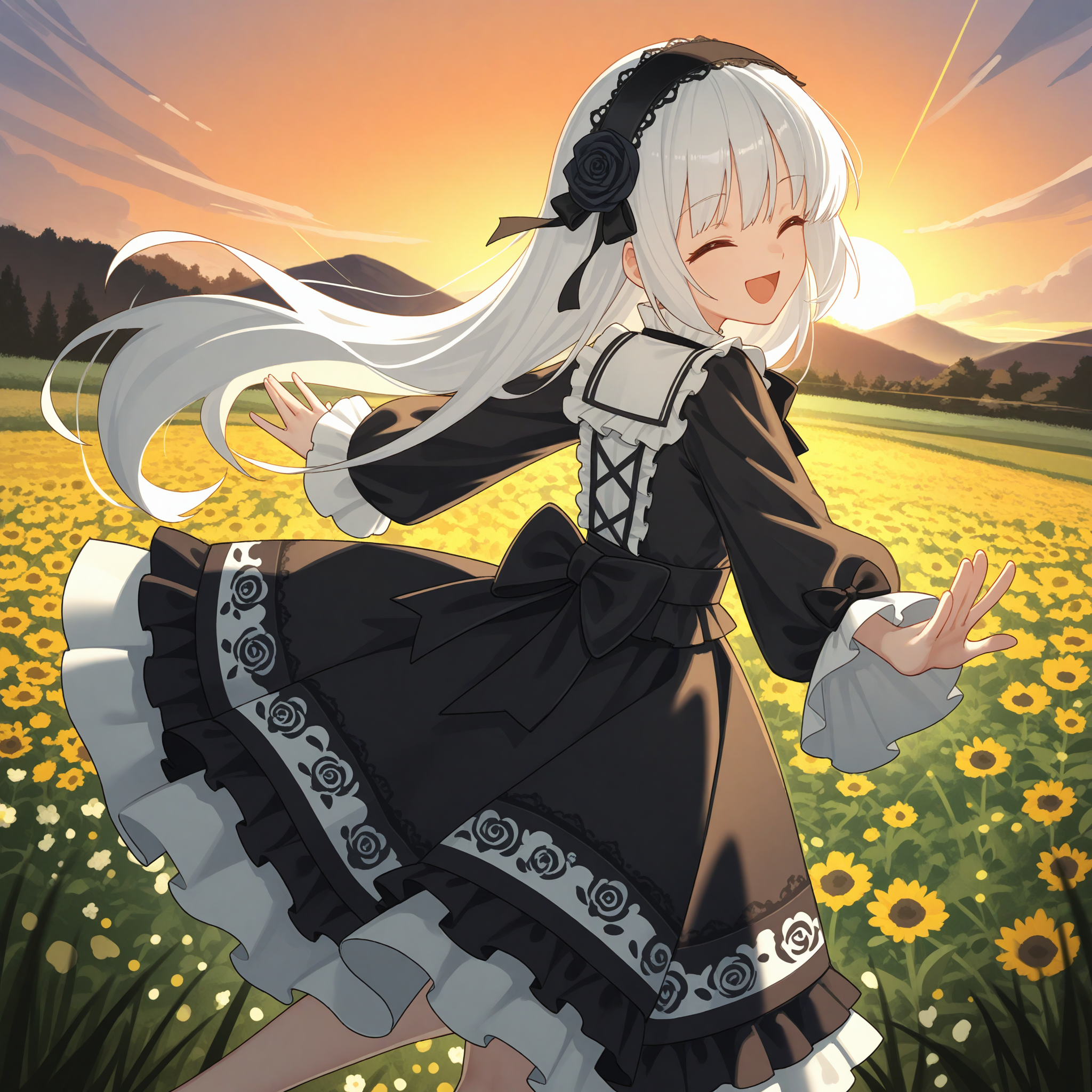 <lora:JLT4n_art_1_nai_Loha-000094:1.5>,JLT4n art,
<lora:Sui_1_nai:0.6>,Sui,black hairband,hair flower,hair ribbon,black ribbon,black rose,official outfit,black dress,center frills,white frills,frilled dress,black frills,floral print,layered dress,black bowtie,black bow,puffy long sleeves,frilled sleeves,
BREAK
1girl,solo,smile,laughing,closed eyes,looking at viewer,looking back,from behind,spread arms,flower field,sunset,standing on one leg,