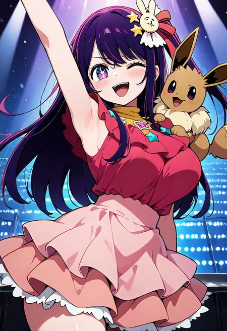 masterpiece, best quality, 1girl, solo, smile, looking at viewer, narrow waist, (very wide hips(,   large breasts, 
patHoshino, ai hoshino, hoshino ai, l
hoshino ai, oshi no ko, absurdres, highres, 1girl, armpits, blush, dress, hair between eyes, hair ornament, idol clothes, long hair, looking at viewer, multicolored hair, one eye closed, open mouth, pink dress, pink hair, pink skirt, purple eyes, purple hair, rabbit hair ornament, skirt, smile, solo, star-shaped pupils, star (symbol), symbol-shaped pupils, (zzEV on shoulder,, eevee, pokemon_(creature), )