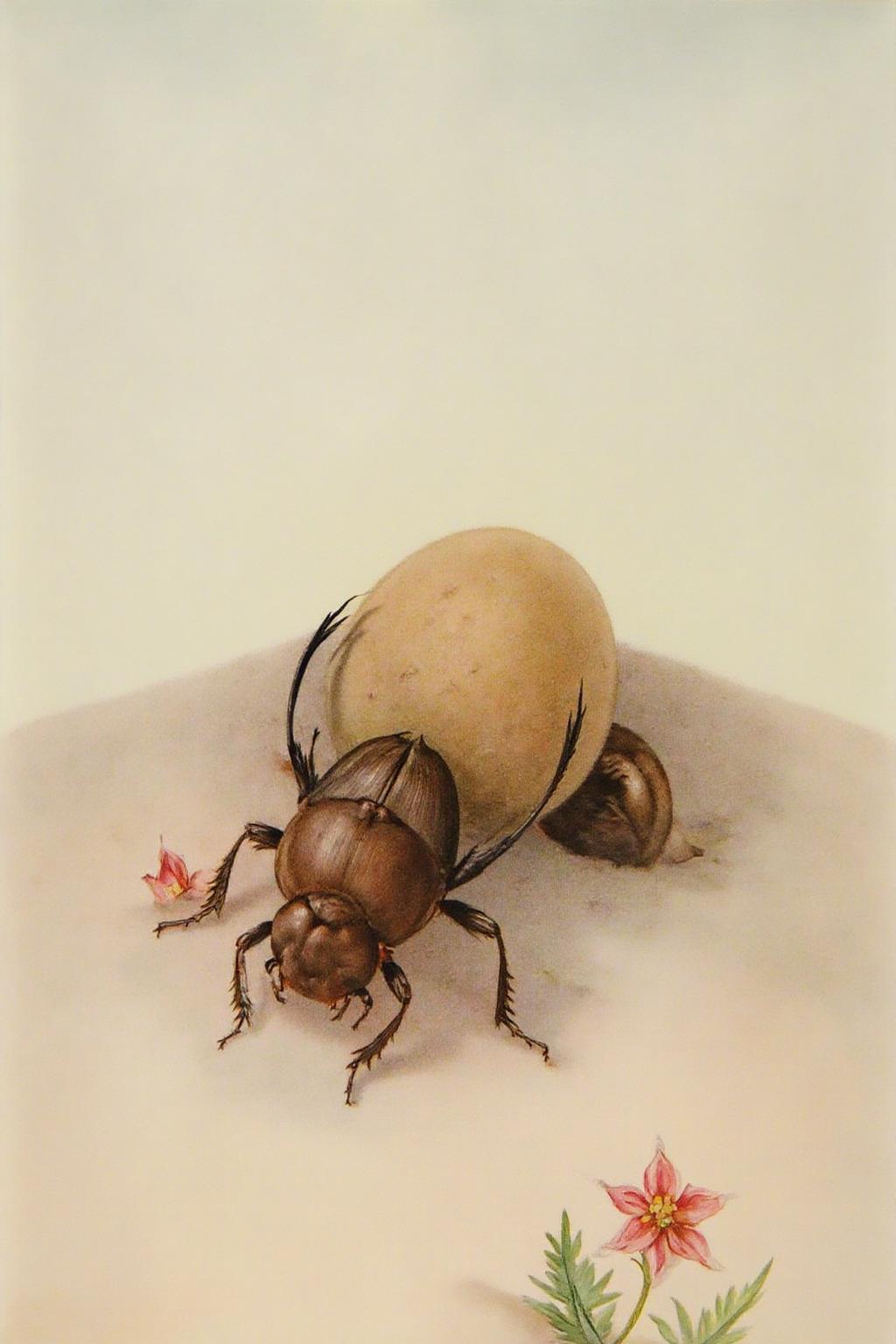 detmo1d watercolor painting.
A detailed, whimsical drawing created in a watercolor and pencil medium. It depicts a scene in a sandy environment. The central subject is a large, detailed beetle, predominantly brown with a glossy, segmented exoskeleton and long, curved antennae. The beetle is positioned on the ground, with its head lowered, seemingly interacting with a large, spherical object, possibly an egg or cocoon, that is light beige and slightly textured, blending into the background. <lora:detmold1_cap_d6a3e13:1.0><lora:831789286954237046:0>