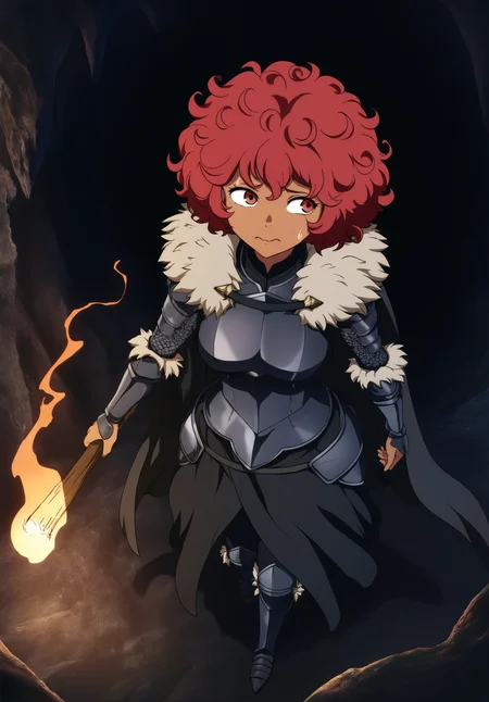 masterpiece,absurdres,best quality,high quality,<lora:MeMaXL5 Type D vpred Noob:1>,solo,1girl,from_above,cinematic_angle,foreshortening,black theme,cave,puffy hair,dark-skinned female,red hair,red eyes,short hair,curly hair,messy hair,dress armor,medium breasts,holding torch,looking to the side,worried,nervous sweating,upper body,walking,cape,fur trim,
