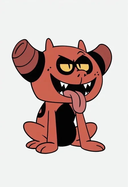 (score_9 | score_8_up | score_7_up) ((masterpiece:1))(best quality,very high quality,ultra detailed:1.2) (2D,cartoon style,anime style)(Smooth:2)(clean blurring) (four fingers on each hand,one thumb on each hand:1), charles, dog, all fours, black spot on left eye, impish, demon, red skin, small pointed nose, pointed tail, yellow eyes, slit pupils, two small horns, two large curved horns on sides of her head, pair of deformed fangs, snake-like tongue, smug, full body