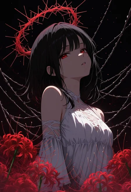 GLTST, Glitch, , 1girl, solo, flower, halo, dress, red flower, spider lily, black hair, white dress, looking at viewer, parted lips, upper body, red eyes, bare shoulders, spider web, black background, bangs, silk, medium hair