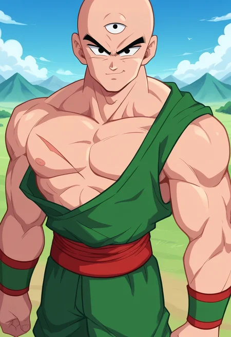 score_9, score_8_up, score_7_up,score_6_up BREAK ict style,tien,1boy, solo, male focus, looking at viewer, bald, black eyes, muscular male, cowboy shot, green sleeveless shirt, third eye, red sash, green wristband, standing, scar on chest, serious, single bare shoulder, cloud, blue sky, mountain,smirk,green pants <lora:TienPony:1> <lora:BootyFarmPony:1>