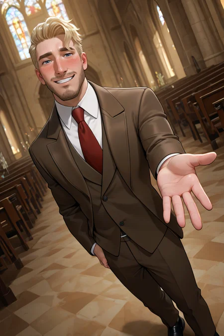 best quality, amazing quality, very aesthetic, absurdres, newest, dynamic angle, intricately detailed illustration, depth of field, masterpiece, volumetric lighting, expressive, dynamic action, masterpiece, perfect, clean detail, clean lines, smooth shading,
BREAK, church, smiling, looking at viewer, blush, offering hand, wedding,
BREAK, 1boy, male focus, solo,coralscott,blonde hair,short hair,blue eyes,facial hair, formal, dark brown jacket, white collared shirt, red tie, dark brown pants, black shoes