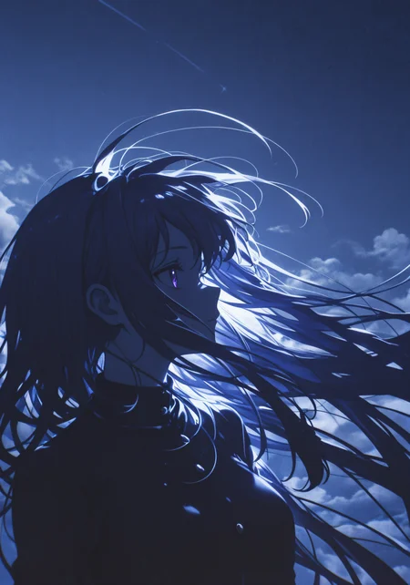 1girl, indigo theme, simple background, semi-[monochrome], anime, stylish anime wallpaper aesthetic, detailed grit texture overlay and detail BREAK long hair, silver gradient etching, sharp contrast, from side, looking away, dynamic movement, floating hair, wind, very_long_hair, dark background, gradient color, glow, hyperbloom, semi-transparent, konya karasue, above clouds, golden hour