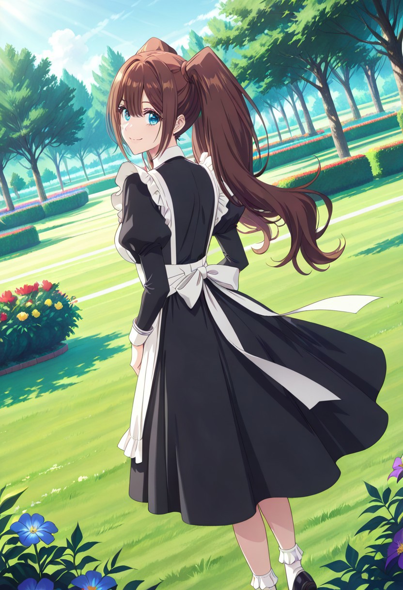 score_9, score_8_up, score_7_up, dynamic view,  solo, looking_at_viewer, 1girl, 
masterpiece, best quality, bokeh, luminescent background,
( maid lena,, brown hair, bangs, hair between eyes, twintails, blue eyes, maid headdress,  medium breasts, , black dress, maid dress, maid apron, white apron,  long sleeves, puffy sleeves, juliet sleeves,  ribbon, socks, white socks, frilled socks, black footwear, 
 , )
solo, from behind, outdoors, garden, flower, red flower, blue flower, purple flower, yellow flower, looking back, smile,