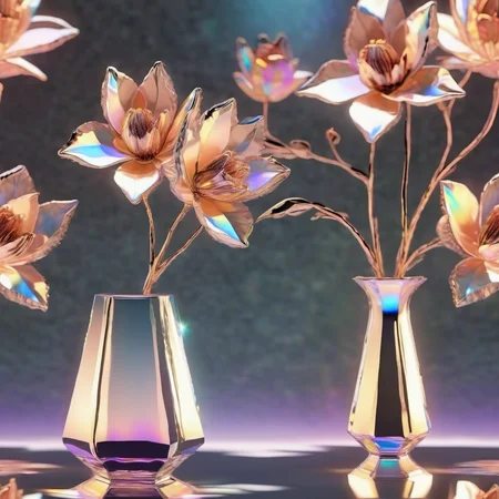 <lora:holographic1_10xl-10:1>,holographic,a glass vase with flowers in it on a table top with a mirror background and a light reflecting off the glass,translucent glass,holographic ray,holographic structure,glowing,clear glass,no humans,flower,simple background,crystal peach blossom,translucent flower,there are 3 kinds of translucent flowers with violet and peach blossom,
