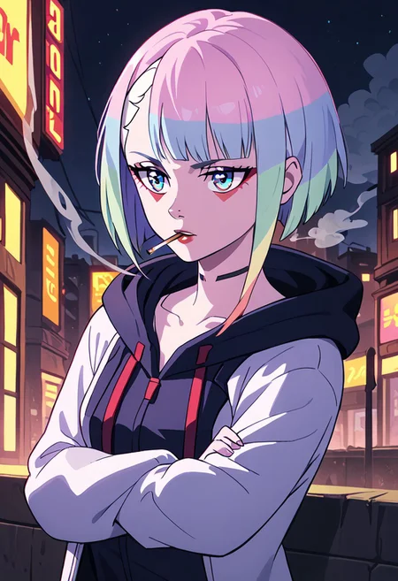 score_9,score_8_up,score_7_up,
<lora:Lucy_Pony:1>,
Lucyna,lucy,cyberpunk,1girl,solo,hood,cigarette,smoking,jacket,short hair,multicolored hair,2d,2D Animation,bangs,smoke,hood up,hoodie,makeup,blue eyes,long sleeves,night,crossed arms,dim light,dark,beautiful detailed eyes,