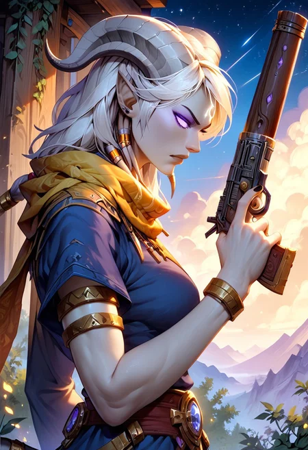 masterpiece, score_9, score_8_up, score_7_up, score_6_up, world of warcraft, detailed face,
outdoor, mountains, night, stars,
(female, mature, draenei, h0rns, ram horns, white horns, athletic arms, pale white skin, long white hair, four fingers, one thumb, black nail polish), (purple eyes), stern face, stern look,
(long loose blue dress, simple armlet, yellow silk scarf), GunMonk, shotgun,
side view