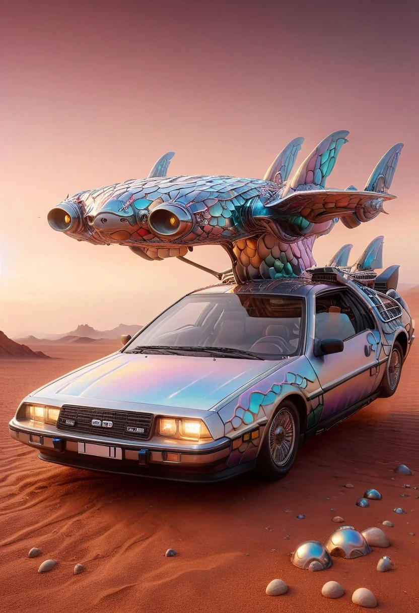 (low angle shot:1.4), an editorial photo of a black style delorean time machine Hyperrealistic painting of a Delorean time machine, meticulously crafted to appear as if captured by an advanced camera, floating gracefully amidst a herd of ethereal, cloud-like creatures. The scene unfolds in the tranquil expanse of the upper atmosphere, with the Delorean's serene, contented expression emphasized. Every minute detail is rendered with exceptional precision, pushing the boundaries of realism, from the intricate textures of the car's body to the delicate wisps of the floating creatures. The image exudes an aura of tranquility and harmony, as if frozen in time. parked outside an American diner on Mars, (scene set on the planet Mars:1.2), red sky, red sands of Mars, highly detailed, retro futurism, science fiction, clean lines, fine art photography, award winning photography, film grain,