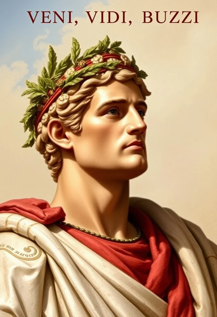 A portrait of Julius Caesar as victorious Roman Emperor on a chariot, laurel crown, title: "Veni, Vidi, Buzzi"