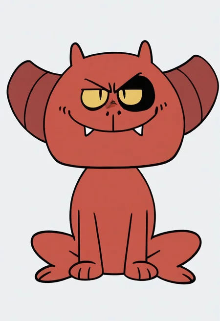 (score_9 | score_8_up | score_7_up) ((masterpiece:1))(best quality,very high quality,ultra detailed:1.2) (2D,cartoon style,anime style)(Smooth:2)(clean blurring) (four fingers on each hand,one thumb on each hand:1), charles, dog, all fours, black spot on left eye, impish, demon, red skin, small pointed nose, pointed tail, yellow eyes, slit pupils, two small horns, two large curved horns on sides of her head, pair of deformed fangs, smug, full body